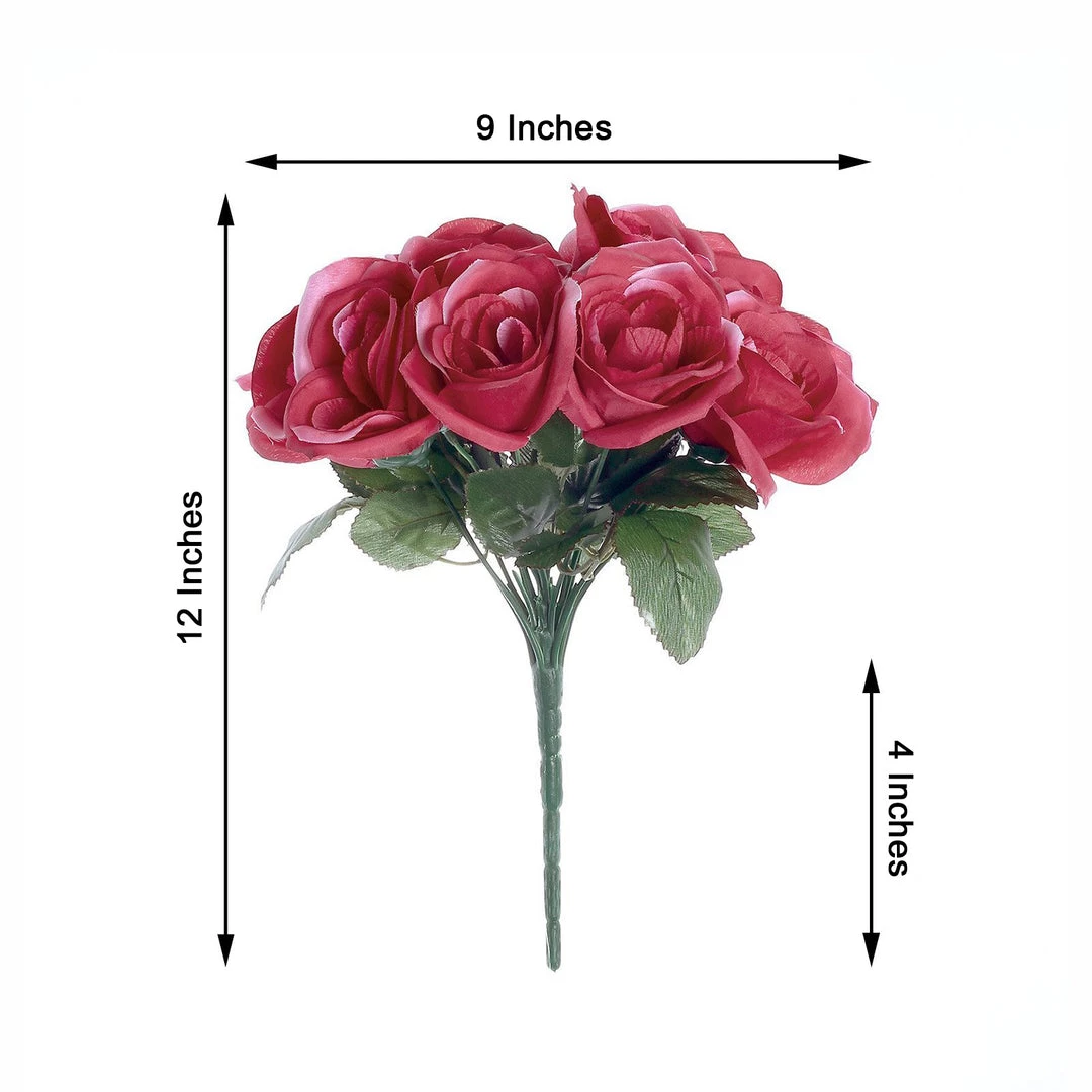 HIER_1300 12" Fuchsia Artificial Velvet-Like Fabric Rose Flower Bouquet Bush Artificial Roses 3 HIER_1300 12" Fuchsia Artificial Velvet-Like Fabric Rose Flower Bouquet Bush Artificial Roses