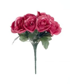 HIER_1300 12" Fuchsia Artificial Velvet-Like Fabric Rose Flower Bouquet Bush Artificial Roses 25 HIER_1300 12