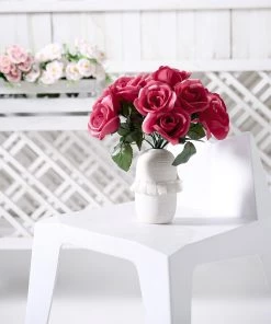 HIER_1300 12" Fuchsia Artificial Velvet-Like Fabric Rose Flower Bouquet Bush Artificial Roses