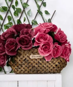 HIER_1300 12" Fuchsia Artificial Velvet-Like Fabric Rose Flower Bouquet Bush Artificial Roses 19 HIER_1300 12