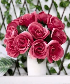 HIER_1300 12" Fuchsia Artificial Velvet-Like Fabric Rose Flower Bouquet Bush Artificial Roses 21 HIER_1300 12