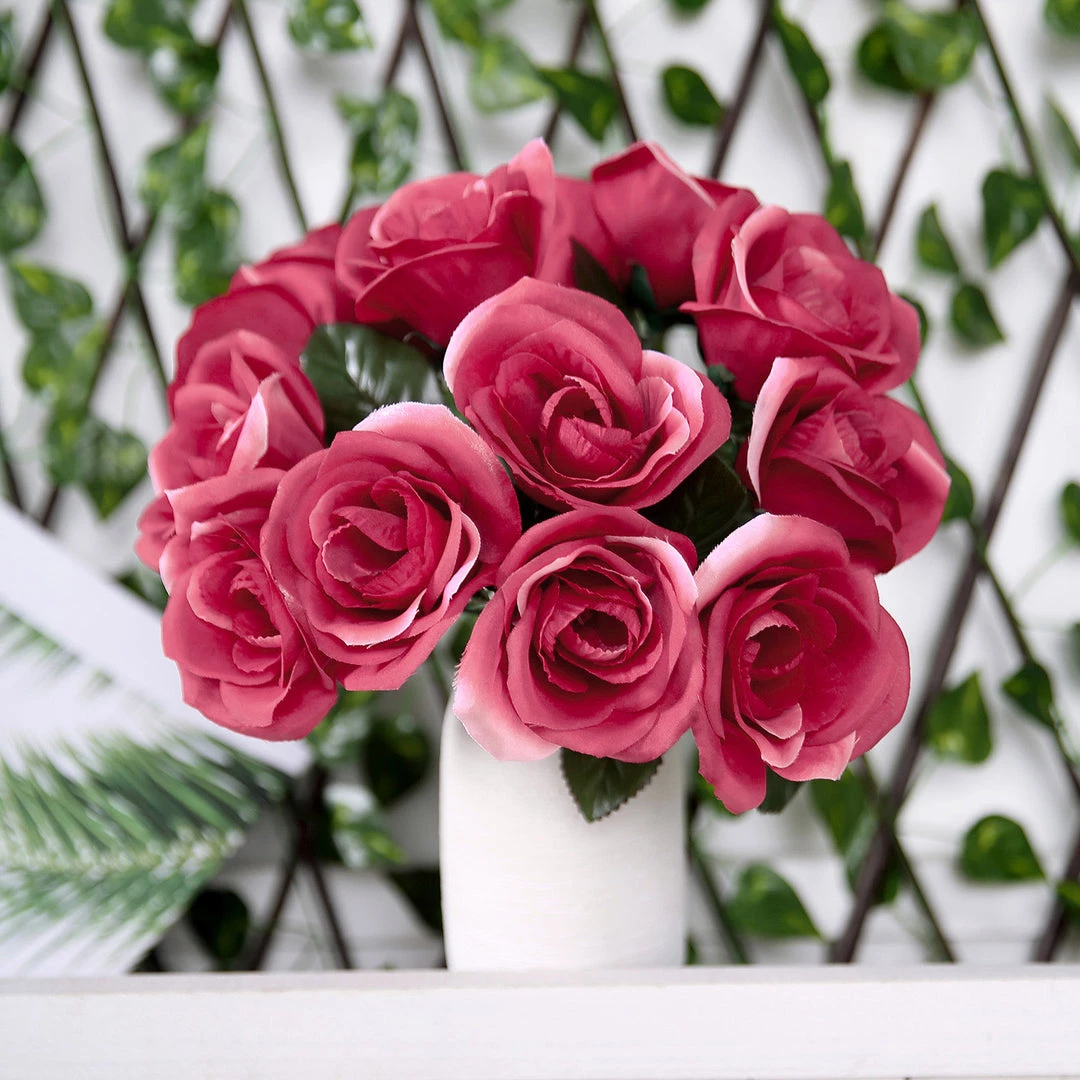 HIER_1300 12" Fuchsia Artificial Velvet-Like Fabric Rose Flower Bouquet Bush Artificial Roses 9 HIER_1300 12" Fuchsia Artificial Velvet-Like Fabric Rose Flower Bouquet Bush Artificial Roses