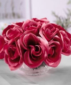 HIER_1300 12" Fuchsia Artificial Velvet-Like Fabric Rose Flower Bouquet Bush Artificial Roses 23 HIER_1300 12