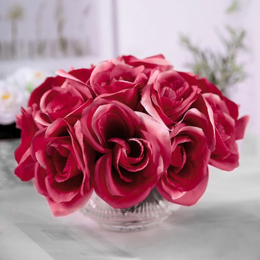 HIER_1300 12" Fuchsia Artificial Velvet-Like Fabric Rose Flower Bouquet Bush Artificial Roses 11 HIER_1300 12" Fuchsia Artificial Velvet-Like Fabric Rose Flower Bouquet Bush Artificial Roses