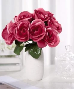 HIER_1300 12" Fuchsia Artificial Velvet-Like Fabric Rose Flower Bouquet Bush Artificial Roses 22 HIER_1300 12