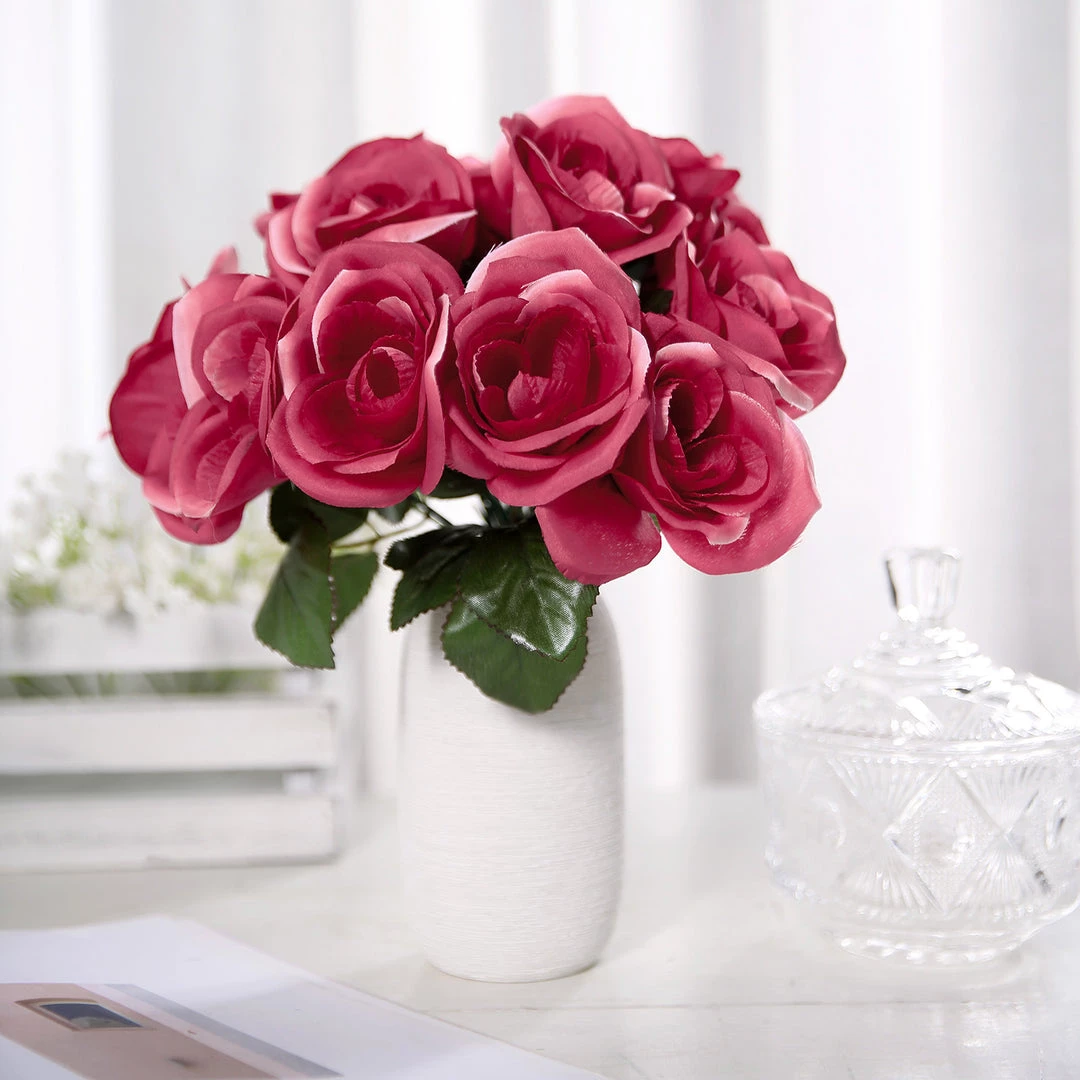 HIER_1300 12" Fuchsia Artificial Velvet-Like Fabric Rose Flower Bouquet Bush Artificial Roses 10 HIER_1300 12" Fuchsia Artificial Velvet-Like Fabric Rose Flower Bouquet Bush Artificial Roses