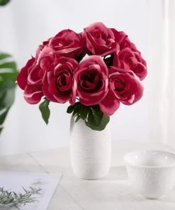 HIER_1300 12" Fuchsia Artificial Velvet-Like Fabric Rose Flower Bouquet Bush Artificial Roses 18 HIER_1300 12