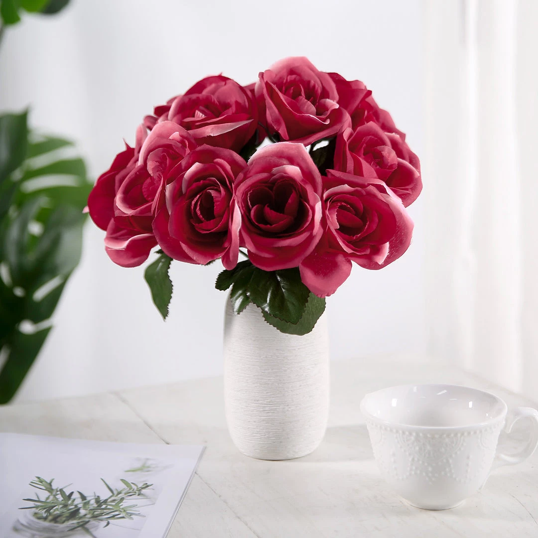 HIER_1300 12" Fuchsia Artificial Velvet-Like Fabric Rose Flower Bouquet Bush Artificial Roses 6 HIER_1300 12" Fuchsia Artificial Velvet-Like Fabric Rose Flower Bouquet Bush Artificial Roses