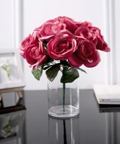 HIER_1300 12" Fuchsia Artificial Velvet-Like Fabric Rose Flower Bouquet Bush Artificial Roses