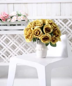 HIER_1300 Artificial Flower & Plants 12" Gold Artificial Velvet-Like Fabric Rose Flower Bouquet Bush