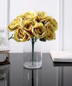 HIER_1300 Artificial Flower & Plants 12" Gold Artificial Velvet-Like Fabric Rose Flower Bouquet Bush