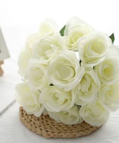 HIER_1100 Artificial Roses 12" Ivory Artificial Velvet-Like Fabric Rose Flower Bouquet Bush
