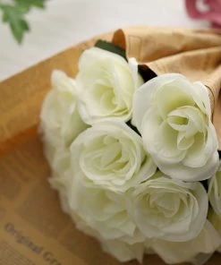 HIER_1100 Artificial Roses 12" Ivory Artificial Velvet-Like Fabric Rose Flower Bouquet Bush 21 HIER_1100 Artificial Roses 12