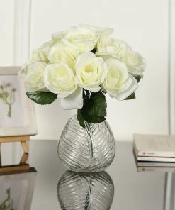 HIER_1100 Artificial Roses 12" Ivory Artificial Velvet-Like Fabric Rose Flower Bouquet Bush