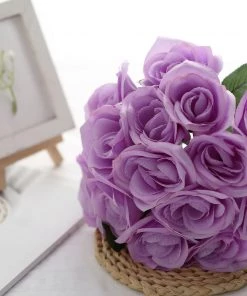 HIER_1300 12" Lavender Artificial Velvet-Like Fabric Rose Flower Bouquet Bush Artificial Roses