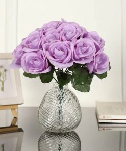 HIER_1300 12" Lavender Artificial Velvet-Like Fabric Rose Flower Bouquet Bush Artificial Roses