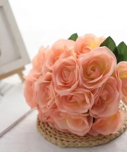 HIER_1300 Artificial Flower & Plants 12" Peach Artificial Velvet-Like Fabric Rose Flower Bouquet Bush