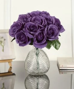 HIER_1100 Artificial Roses 12" Purple Artificial Velvet-Like Fabric Rose Flower Bouquet Bush