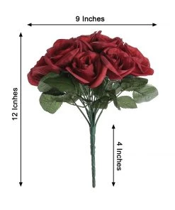 HIER_1300 12" Red Artificial Velvet-Like Fabric Rose Flower Bouquet Bush Artificial Roses 15 HIER_1300 12