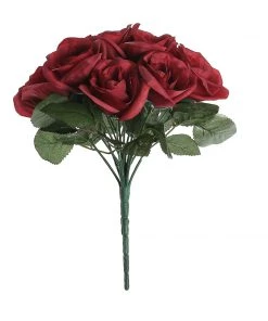 HIER_1300 12" Red Artificial Velvet-Like Fabric Rose Flower Bouquet Bush Artificial Roses 25 HIER_1300 12