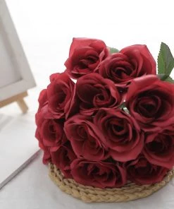 HIER_1300 12" Red Artificial Velvet-Like Fabric Rose Flower Bouquet Bush Artificial Roses
