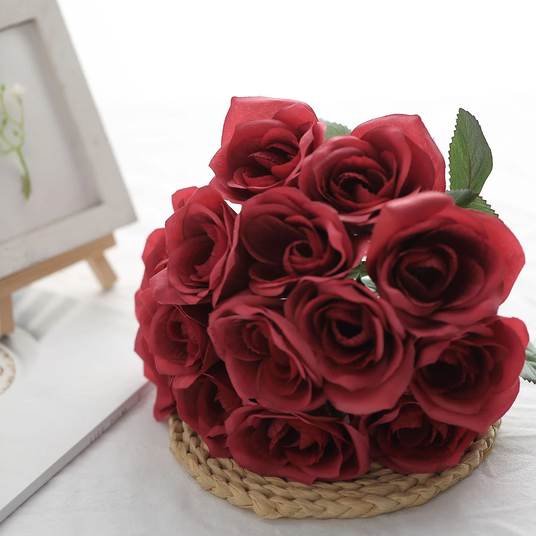 HIER_1300 12" Red Artificial Velvet-Like Fabric Rose Flower Bouquet Bush Artificial Roses 2 HIER_1300 12" Red Artificial Velvet-Like Fabric Rose Flower Bouquet Bush Artificial Roses