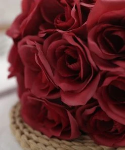 HIER_1300 12" Red Artificial Velvet-Like Fabric Rose Flower Bouquet Bush Artificial Roses 19 HIER_1300 12