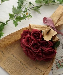 HIER_1300 12" Red Artificial Velvet-Like Fabric Rose Flower Bouquet Bush Artificial Roses 20 HIER_1300 12