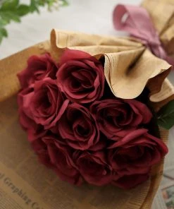 HIER_1300 12" Red Artificial Velvet-Like Fabric Rose Flower Bouquet Bush Artificial Roses 21 HIER_1300 12