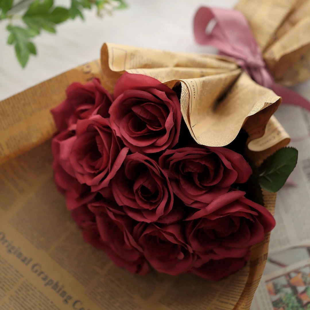 HIER_1300 12" Red Artificial Velvet-Like Fabric Rose Flower Bouquet Bush Artificial Roses 9 HIER_1300 12" Red Artificial Velvet-Like Fabric Rose Flower Bouquet Bush Artificial Roses