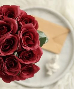 HIER_1300 12" Red Artificial Velvet-Like Fabric Rose Flower Bouquet Bush Artificial Roses 22 HIER_1300 12