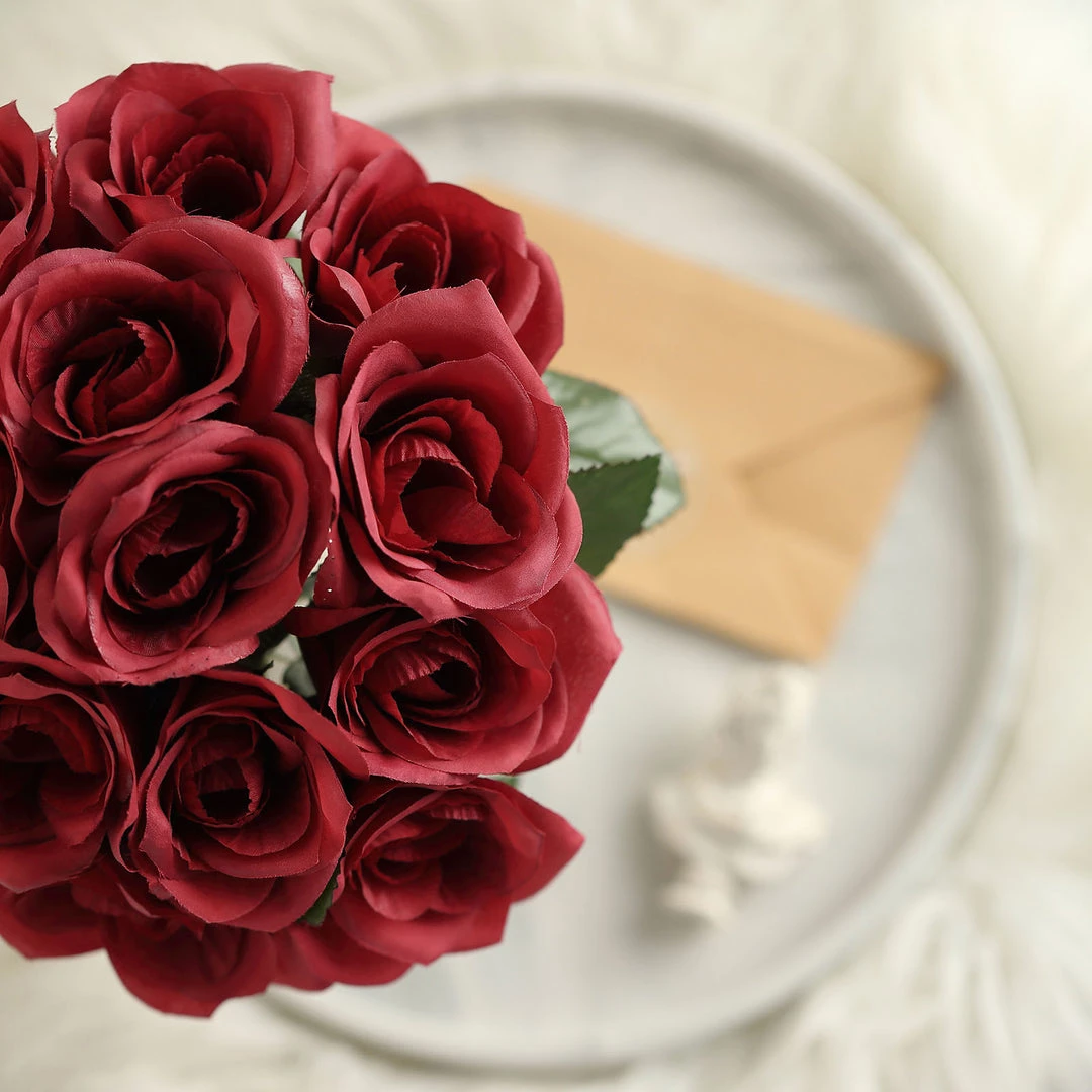 HIER_1300 12" Red Artificial Velvet-Like Fabric Rose Flower Bouquet Bush Artificial Roses 10 HIER_1300 12" Red Artificial Velvet-Like Fabric Rose Flower Bouquet Bush Artificial Roses