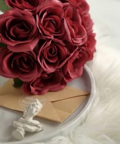 HIER_1300 12" Red Artificial Velvet-Like Fabric Rose Flower Bouquet Bush Artificial Roses 23 HIER_1300 12