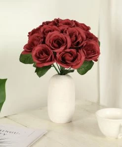 HIER_1300 12" Red Artificial Velvet-Like Fabric Rose Flower Bouquet Bush Artificial Roses 18 HIER_1300 12