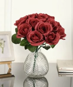 HIER_1300 12" Red Artificial Velvet-Like Fabric Rose Flower Bouquet Bush Artificial Roses