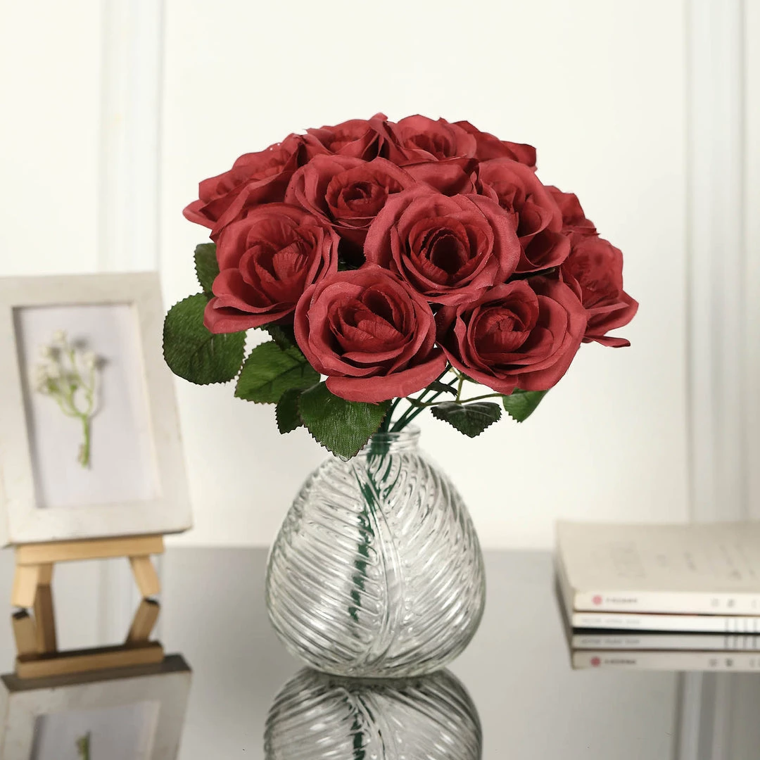 HIER_1300 12" Red Artificial Velvet-Like Fabric Rose Flower Bouquet Bush Artificial Roses 1 HIER_1300 12" Red Artificial Velvet-Like Fabric Rose Flower Bouquet Bush Artificial Roses