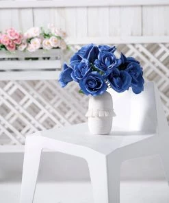 HIER_1300 12" Royal Blue Artificial Velvet-Like Fabric Rose Flower Bouquet Bush