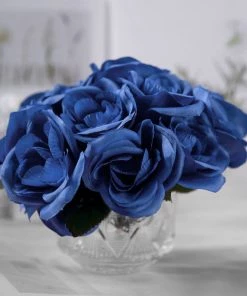 HIER_1300 12" Royal Blue Artificial Velvet-Like Fabric Rose Flower Bouquet Bush 23 HIER_1300 12