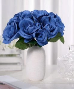 HIER_1300 12" Royal Blue Artificial Velvet-Like Fabric Rose Flower Bouquet Bush 22 HIER_1300 12