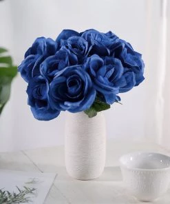 HIER_1300 12" Royal Blue Artificial Velvet-Like Fabric Rose Flower Bouquet Bush 19 HIER_1300 12