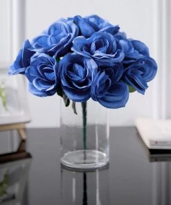 HIER_1300 12" Royal Blue Artificial Velvet-Like Fabric Rose Flower Bouquet Bush