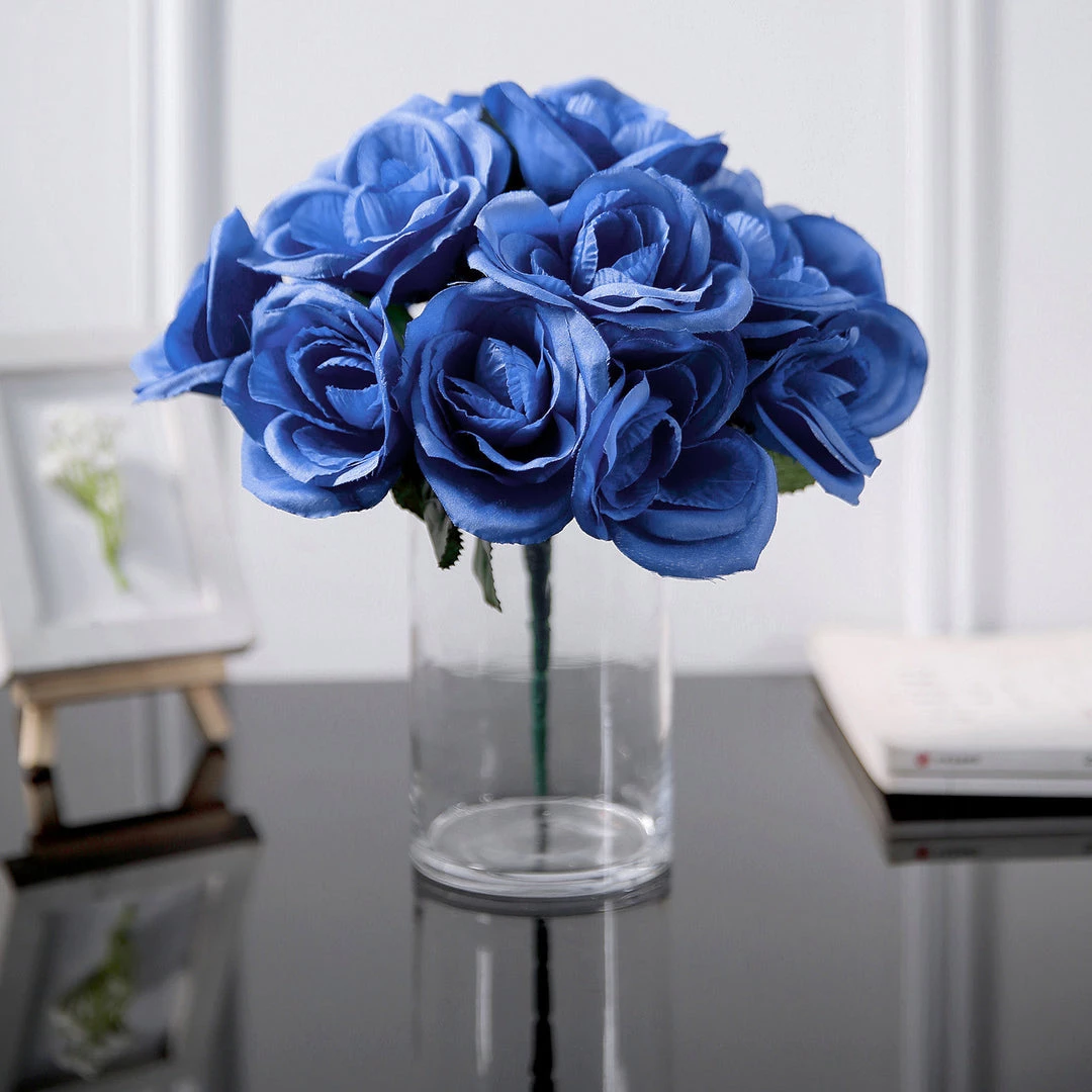 HIER_1300 12" Royal Blue Artificial Velvet-Like Fabric Rose Flower Bouquet Bush 1 HIER_1300 12" Royal Blue Artificial Velvet-Like Fabric Rose Flower Bouquet Bush