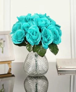 HIER_1300 12" Turquoise Artificial Velvet-Like Fabric Rose Flower Bouquet Bush Artificial Flower & Plants