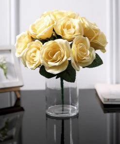 HIER_1300 Artificial Roses 12" Yellow Artificial Velvet-Like Fabric Rose Flower Bouquet Bush