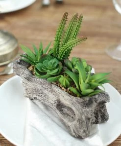 HIER_1710 7" Long Natural Artificial Log Planter & 15 Assorted Succulent Plants Artificial Succulents & Terrariums Wholesale