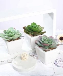 HIER_1600 Chargers & Centerpieces 3 Pack | 4" Ceramic Planter Pot & Artificial Echeveria Succulent Plant