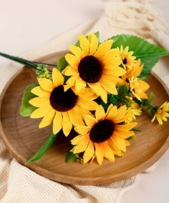 HIER_1300 2 Bouquets | 13" Yellow Artificial Silk Sunflower Flower Bushes