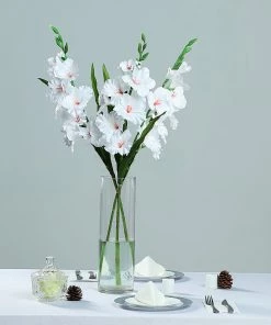 HIER_1150 3 Stems | 36" Tall White Artificial Silk Gladiolus Flower Spray Bush