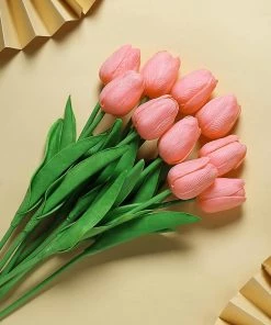 HIER_1150 10 Stems | 13" Coral Real Touch Artificial Foam Tulip Flower Bouquets Home Décor