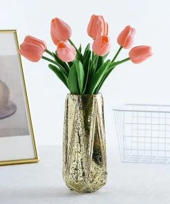 HIER_1150 10 Stems | 13" Coral Real Touch Artificial Foam Tulip Flower Bouquets Home Décor